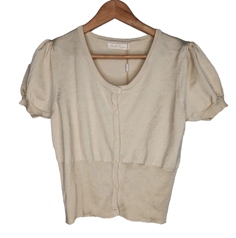 Belle Poque Short Sleeve Cardigan Sweater in Beige Size M